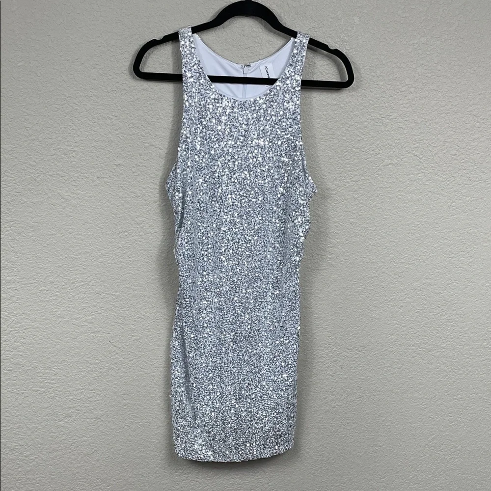 Abound Silver Sequin Stretch Bodycon Dress Sleeveless Sparkle Sz L - Picture 3 of 13